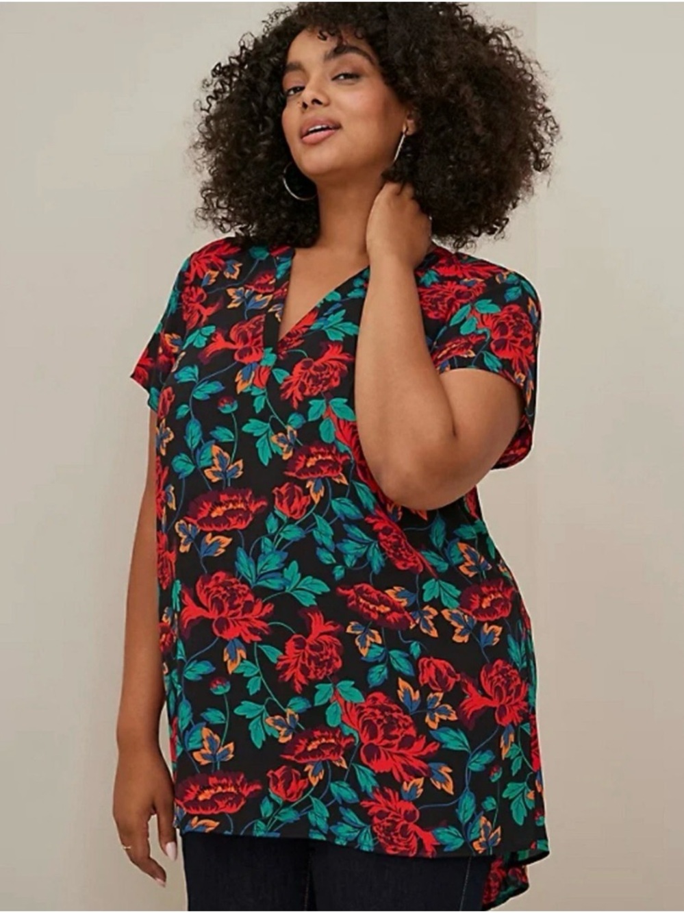 Torrid Black Floral Blouse with Teal & Orange Print